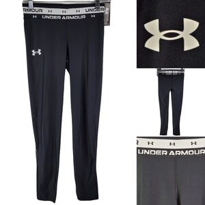 Under Armour UA Heat Gear Girls Youth Medium Leggings Black Pants Logo Waistband